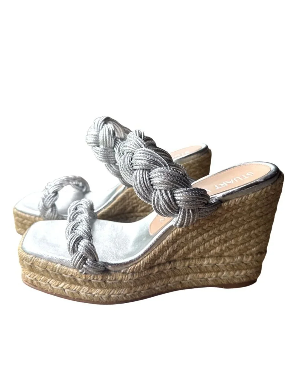 Stuart Weitzman Silver Braided Rope Strap Espadrille Wedge Sandals Sz 8 Spain